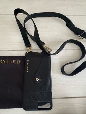 Bandolier Black Leather Crossbody Phone Wallet with Gold Hardware